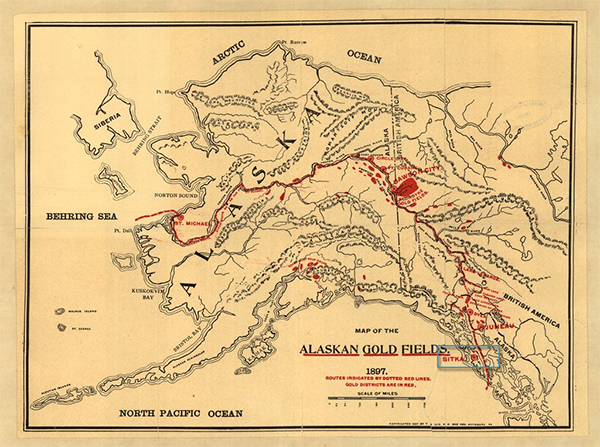 mapa antiguo yacimientos oro Alaska